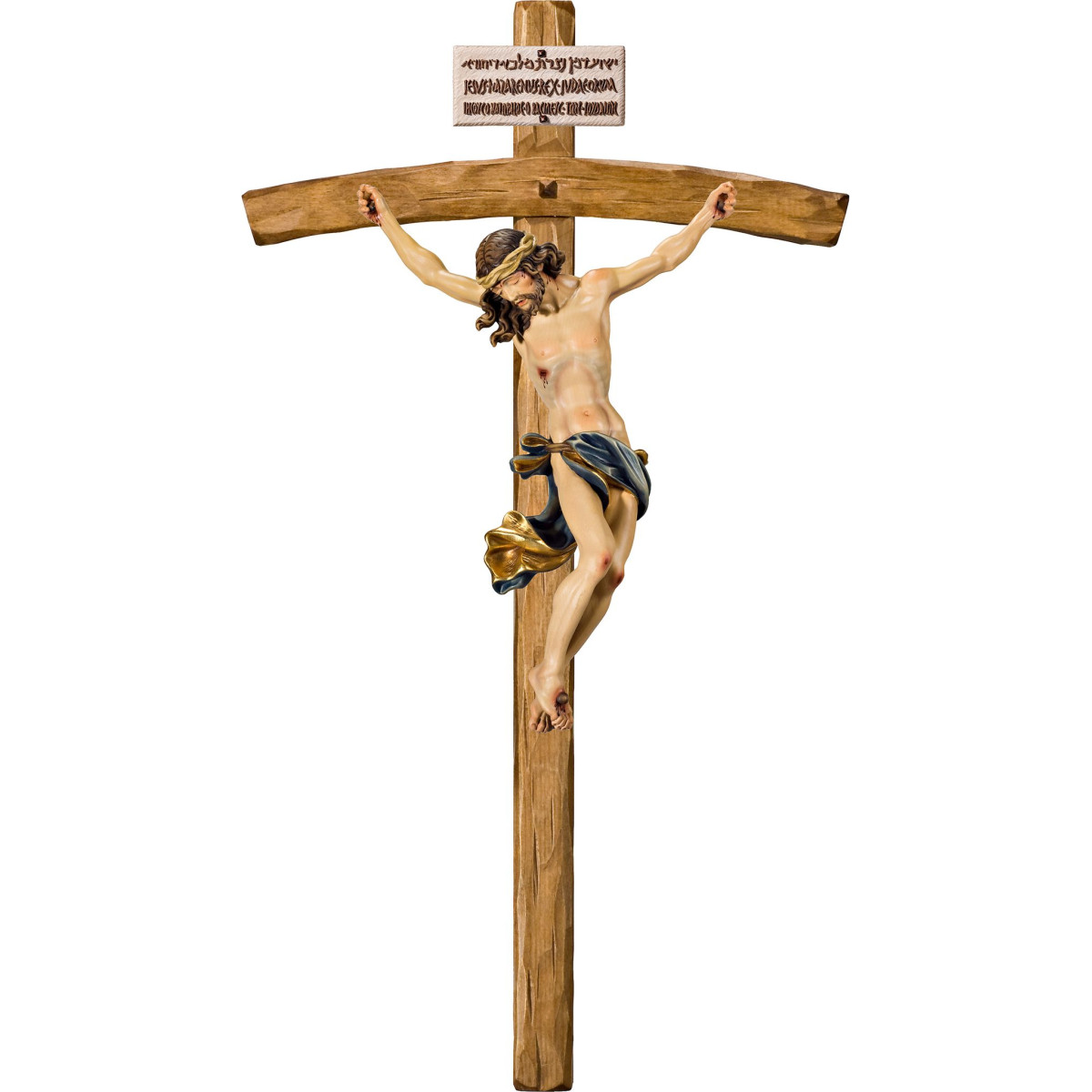 Cristo Barroco en cruz arqueada con Titulus Crucis en hebreo - latín - griego